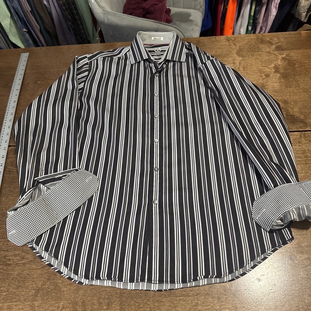 Bugatchi Shirt Mens XL (see) Black White Striped Shaped‎ Fit Long Sleeve Cotton